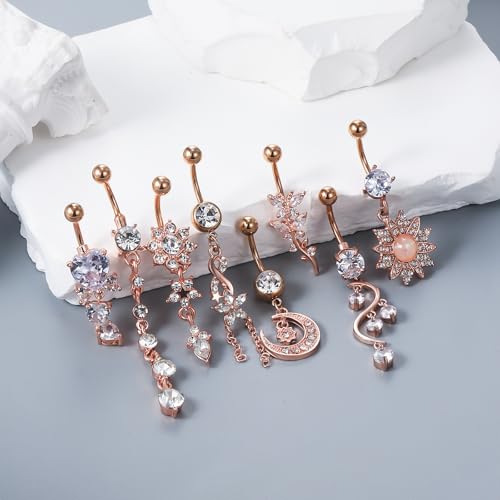 Vsnnsns 14G Dangle Belly Button Ring Piercing Jewelry 316L Stainless Surgical Steel Navel Rings Cubic Zirconia Heart Flower CZ Dangling Belly Button Ring Piercing Jewelry for Women 14 Gauge - color: Rose Gold Tone B