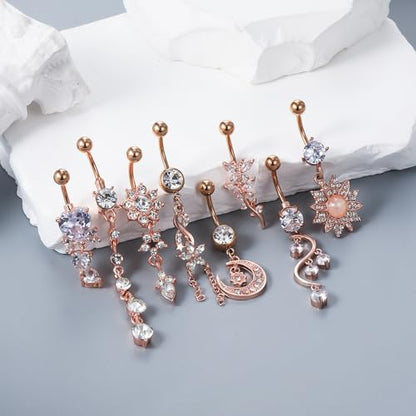Vsnnsns 14G Dangle Belly Button Ring Piercing Jewelry 316L Stainless Surgical Steel Navel Rings Cubic Zirconia Heart Flower CZ Dangling Belly Button Ring Piercing Jewelry for Women 14 Gauge - color: Rose Gold Tone B