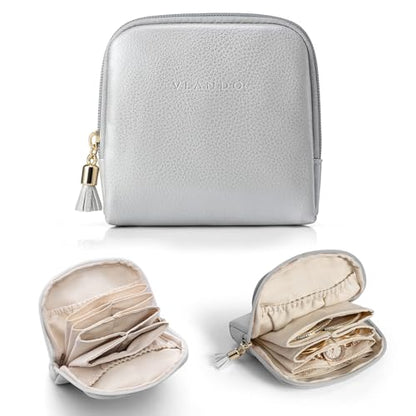 VLANDO Small Travel Jewelry Case,Velvet Pouch Bags with Zipper,Gray | Travel Essentials,PU Leather Organizer with 5 Divided Sections,Carry-On Totes,Gift for Birthday,Bride,Bridesmaid,Women,Girls - color: B.Grey