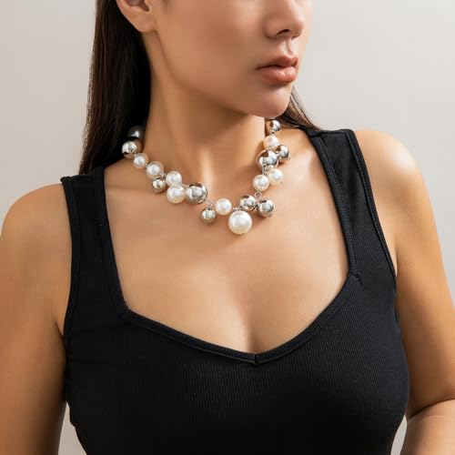 CSIYANJRY99 Chunky Pearl Necklace for Women Big Faux Pearl Beaded Strand Necklace Wedding Prom Jewelry for Women - color: silver