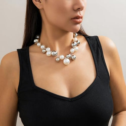 CSIYANJRY99 Chunky Pearl Necklace for Women Big Faux Pearl Beaded Strand Necklace Wedding Prom Jewelry for Women - color: silver