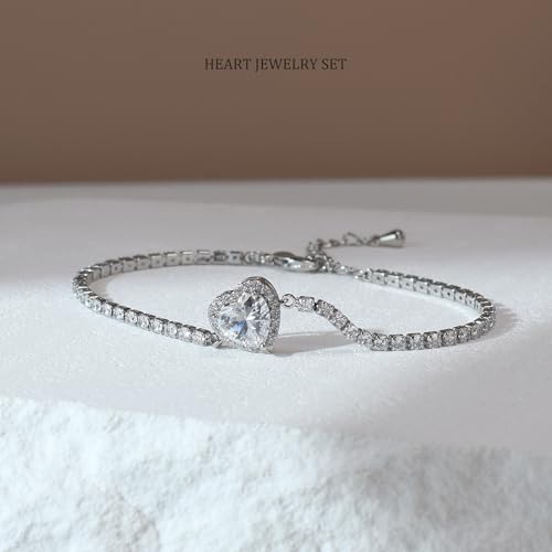 Cubic Zirconia LOVE Heart Jewelry Set Earrings Necklace Bracelet Set for Women Prom Wedding Party Anniversary Birthday - color: clear