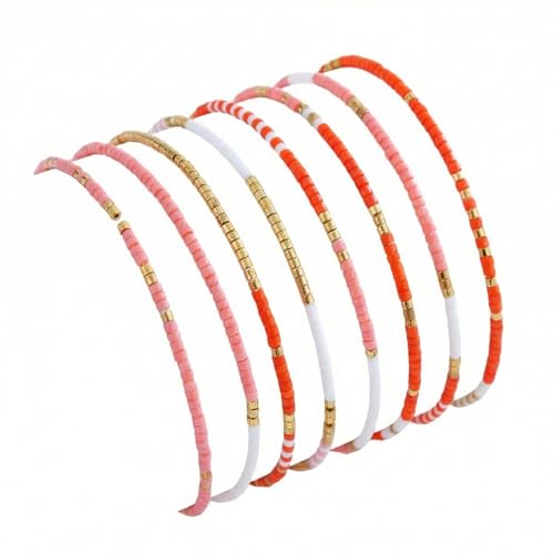 Gold Seed Beaded Stack Bracelets for Women,Handmade Stackable Stretch Colorful Ball Fall Jewelry Friendship Accessories Gift - color: pink