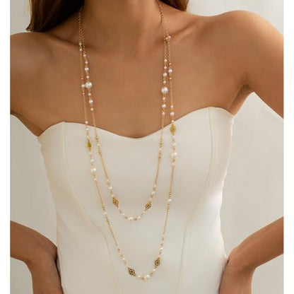 Long Pearl Necklaces for Women Pearl Long Chain Necklace Gold Chain Dainty Delicate Station Necklace Jewelry for Dress Party - color: 2Layer White Pearl