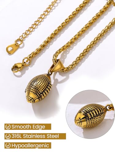 GOLDCHIC JEWELRY Sport Necklaces for Men Teen, Football Baseball Soccer Basketball Softball Necklaces with Stainless Steel Chain Athlete Jewelry Sports Fan Gift - color: American Football Pendant-Gold, style: NO Engraving