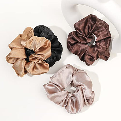 Satin Silk Scrunchies: Big Hair Ties for Women, Girls' Ponytail Holders for Thick, Curly Hair - Cute Pony Tails - color: Bown Gray