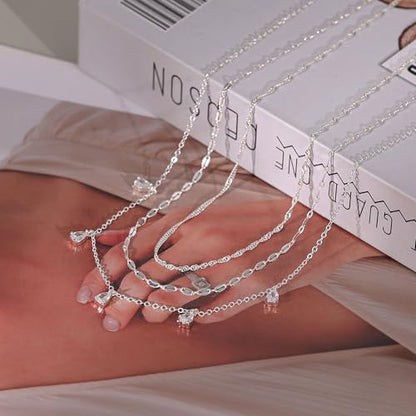 Layered Necklaces for Women, Dainty Gold Necklace Stack 14k Gold Plated Layering CZ Chain Choker Necklaces for Women Trendy Simple Non Tarnish Gold Necklaces Set Fashion Bridal Prom Jewelry - color: set3-silver