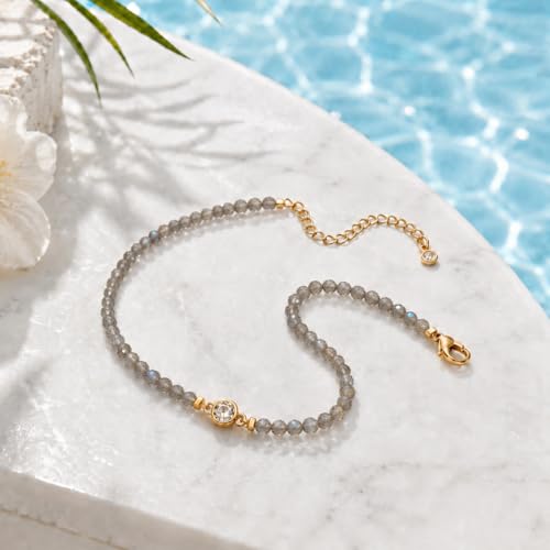 Raicegs Anklets for Women Handmade Beach Boho Ankle Bracelet 3mm Natural Stone Beaded Ankle Bracelet 14K Gold Plated Zircon Pendant Adjustable Crystal Gemstone Anklet Jewelry Gift for Her - color: Labradorite