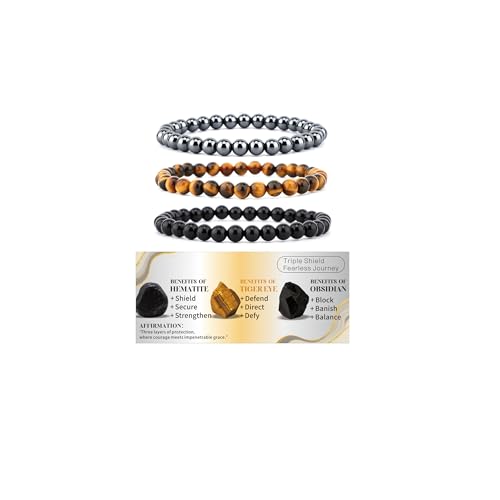 4mm 6mm 8mm Healing Crystal Bracelets for Women Men Natural Stone Beaded Stretch Bracelet Handmade Gemstone Reiki Spiritual Jewelry Gifts - color: Tiger Eye+Black Obsidian+Hematite-Protection, size: 6mm