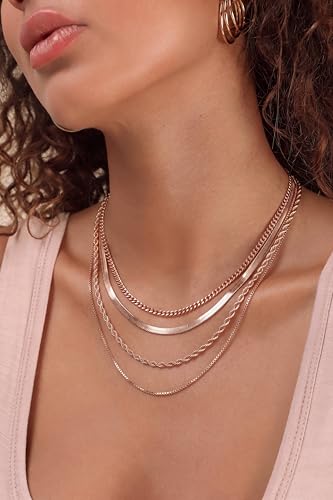 Tewiky Layered Necklaces for Women 14k Gold Plated Chain Necklace Set | Chunky Herringbone/Snake/Rope/Box/Cuban Link Chain for Women, Layering Stack Choker Necklace, Dainty Jewelry Set Non Tarnish - color: 4 Layered Necklace Rose Gold