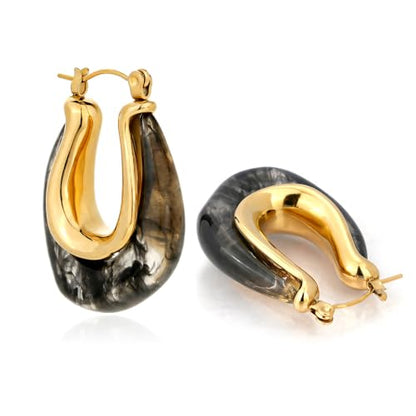 Enamel Hoop Earring for Women 18k Gold Plated Chunky Two-Tone U/C Shaped Earring Enamel Jewelry Gift for Wife Girlfriend - color: Black 1