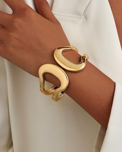Bangle Bracelets for Women | 14K Gold Plated Trendy Wide Bracelets | Hinged Arm Cuff Bangles Chunky Bracelet for Women - color: gold arm cuff