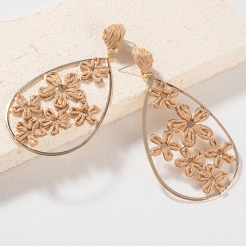 Boho Raffia Flower Teardrop Earrings Cute Colorful Dangle Trendy Jewelry | Floral Drop Statement Big Dangling Earring Hypoallergenic Gold Fun Unique Summer Spring Beach Vacation Outfits for Women - color: Bronze