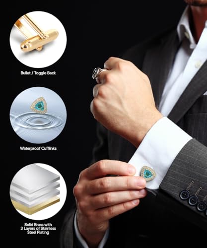 Triangular Crystal Diamond Set Cuff Links for Men – Tuxedo Suit Accessories, Cufflinks for Men - style: Turquoise/Gold