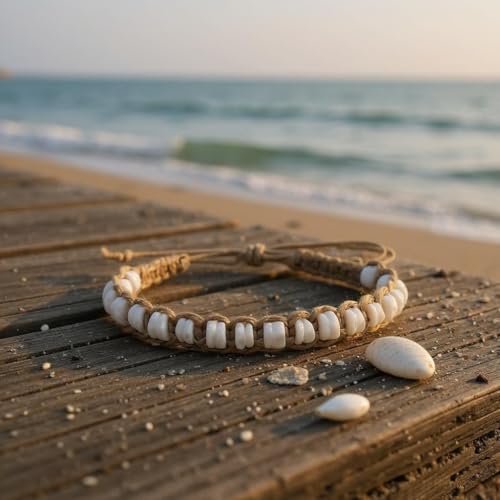 BlueRica Hemp Anklet with Puka Shell Beads - style: White