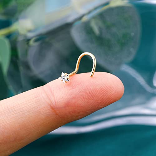 14k Solid Gold Nose Stud, Yellow Gold, 3mm Star,Hypoallergenic | S Shape Nose Ring, For Women, 14K Real Screw Nostril Stud, Hypoallergenic