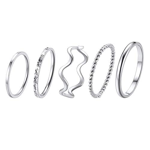 PROSTEEL Stainless Steel Rings Set, Women's Plain Band Knuckle Stacking Midi Rings Comfort Fit, Silver/Gold/Rose Gold/Black Tone, Multi Size #4-#12 - color: A: 5 pcs-silver
