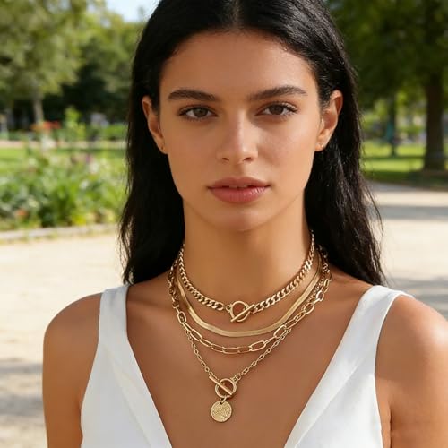 QCWN Gold Layered stacked Necklaces for women 3PS Chunky Statement Necklaces Stack Mixed Metal Charm Necklace for Women Trendy Coin Jewelry Gift for Her Gifts - style: Layered stack6