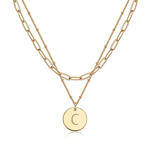 Valloey Rover Initial Necklaces for Women 14K Gold Plated Dainty Letter Necklce Round Coin Disc Pendant Double Side Engraved A-Z Necklace Personalized Jewelry Gift for Women - color: Layer-C