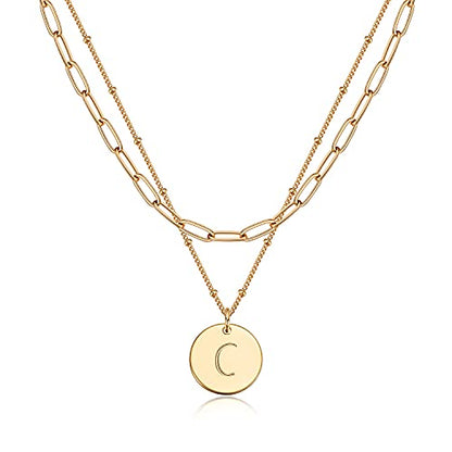 Valloey Rover Initial Necklaces for Women 14K Gold Plated Dainty Letter Necklce Round Coin Disc Pendant Double Side Engraved A-Z Necklace Personalized Jewelry Gift for Women - color: Layer-C