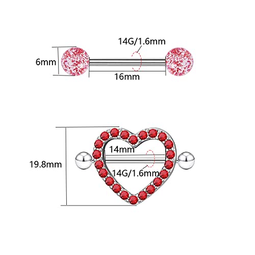 VERAMI 14G Stainless Steel Heart Nipple Rings and Barbell - Butterfly, Starlight Acrylic Ball, Tongue Rings for Women and Men - color: RED-CZ