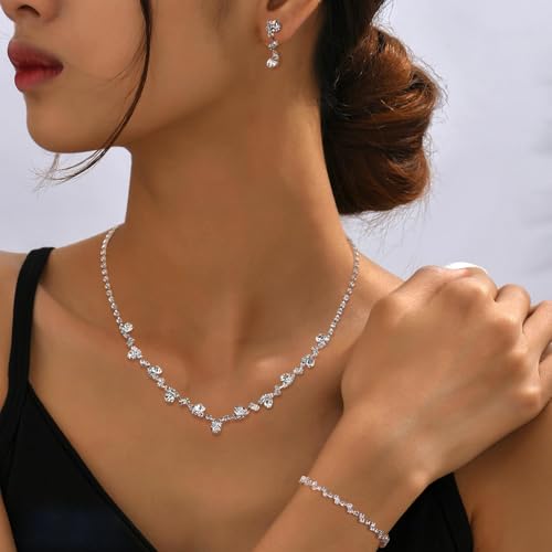 Jstyle Silver Bridal Wedding Jewelry Set Crystal Necklace Bracelet Dangle Earrings Set for Bride Bridesmaid Rhinestone Necklace Prom Costume Jewelry Set Accessories for Women