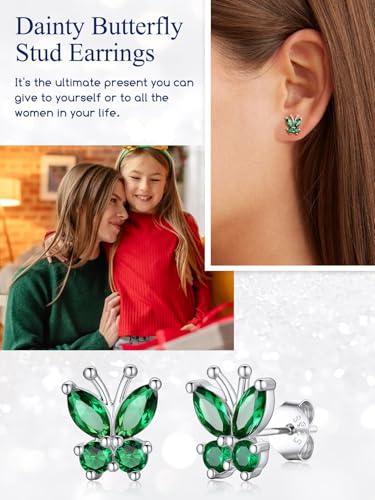 Suplight Butterfly Stud Earrings 925 Sterling Silver 14K Gold Brithstone Earrings for Women Brithstone Jewelry Gifts - color: 05.May( Emerald), size: Silver
