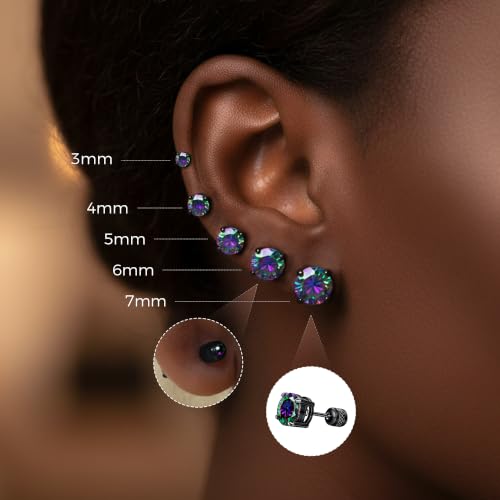5 Pairs Screw Back Stud Earrings Set, Cubic Zirconia Stud Earring for Women Men Hypoallergenic 316L Surgical Stainless Steel Round Cut CZ 3-7mm - color: Black-Rainbow