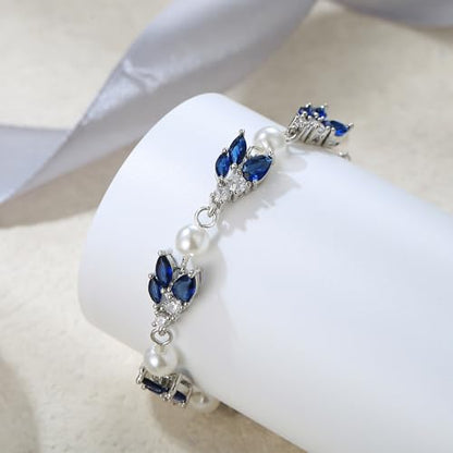 EVER FAITH Gorgeous Cubic Zirconia Pearl Wedding Link Bracelet for Bride | Marquise Teardrop Crystal Bridal Prom Jewelry, for Women Bridesmaids - style: Cluster_Blue