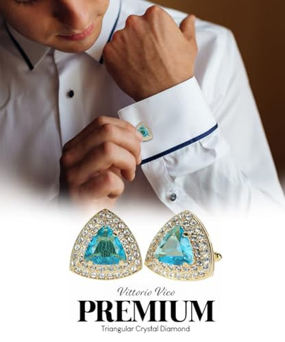 Triangular Crystal Diamond Set Cuff Links for Men – Tuxedo Suit Accessories, Cufflinks for Men - style: Turquoise/Gold