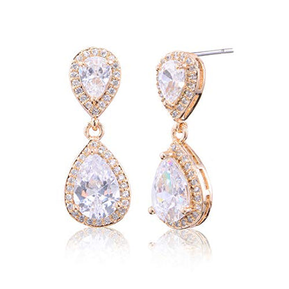 Pave Teardrop Earrings for Wedding Sterling Silver Double Pear Shaped CZ Cubic Zirconia Crystal Rhinestone Birthstone Dangle Earrings Bridal Jewelry for Bride Bridesmaids - color: Luxurious Gold