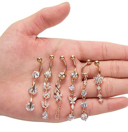 3-6PCS 14G 316L Stainless Steel Belly Button Rings for Women Navel Rings Barbell Dangle Flower CZ Body Piercing - color: E: 6 Pcs Rose-tone
