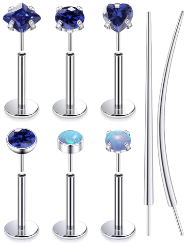 F136 Titanium 20/18/16g Internally Threaded Medusa Monroe Lip Ashley Labret Nose Rings Flat Back Tragus Helix Cartilage Conch Screw Stud Earrings Surgical Steel Piercing Jewelry for Women - color: Blue CZ, size: 16g*5/16in