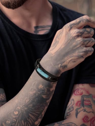 Mens Black Leather Obsidian/Turquoise/Tiger Eye/Red Agate Bracelet–Braided Multi‑Layer Wristband Cuff Bangle Bracelet with Stainless Steel Clasp Gift Jewelry Box Included - color: Turquoise Stone, size: 8.3in(Fits most wrists)