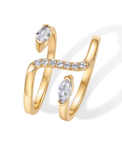 PAVOI 14K Gold Plated Cubic Zirconia Bypass Open Band Stackable Ring for Women | CZ Statement Eternity Rings - color: Yellow Gold, size: 7, style: Bypass