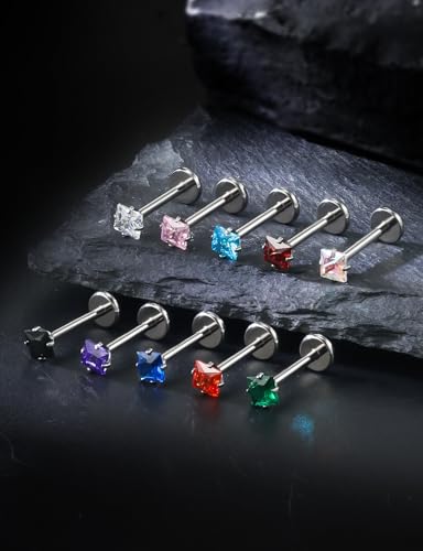 20G 18G 16G Astm F136 Titanium Internal Thread Flat Back Earrings Nose Studs Tragus Helix Conch Cartilage Lobe Earrings Medusa Labret Snake Bite Monroe Lip Ring Piercing Jewelry For Women Men - size: 18G-6MM Bar-CZ 3MM