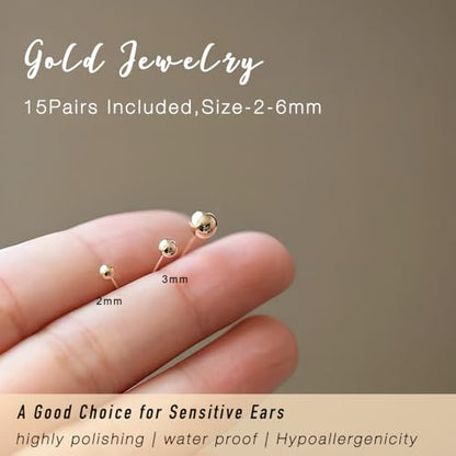 15 Pairs Surgical Steel Ball Stud Earrings Set | Fadeless, PVD Plating, Stainless Steel, Fadeless, Waterproof, High Polish, Hypoallergenic - color: Gold 16Pairs (2mm 3mm )