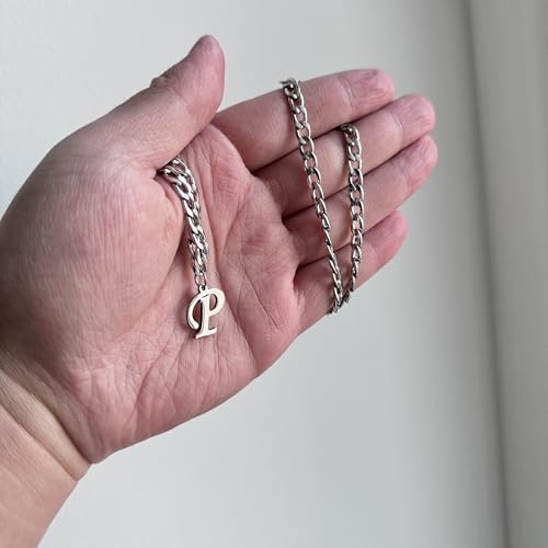 Stainless Steel Initial A-Z Necklace for Men Women,Cuban Chain,Titanium Steel Initial Letter Pendant Charm Necklaces Accessories Jewelry for Woman Man,21 Inch Chain - color: P