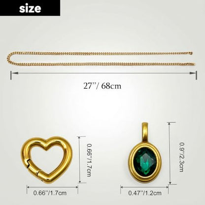 Heart Slip Chain Necklace for Women, Cuban Chain with Removable Heart O-Ring and Crystal Pendant, Adjustable Y Lariat Necklace - color: Gold-Green-27