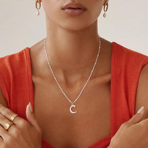 Initial Necklaces for Women - 14K Gold Silver Plated Letter Necklace Name Personalized Dainty Fashion Chain Non Tarnish Single Cute Pendant Necklace Charm Jewelry Gift for Women Her - color: Silver, style: C