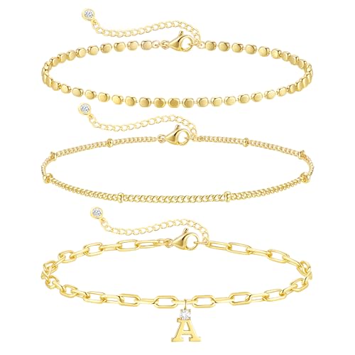 ZHESHY Gold Initial Bracelets for Women Dainty Letter A-Z Charm Bracelets Non Tarnish 14K Gold Plated Stackable Layered Paperclip Link Chain Bracelets Stack Set Personalized Gifts Womens Jewelry - color: Gold A
