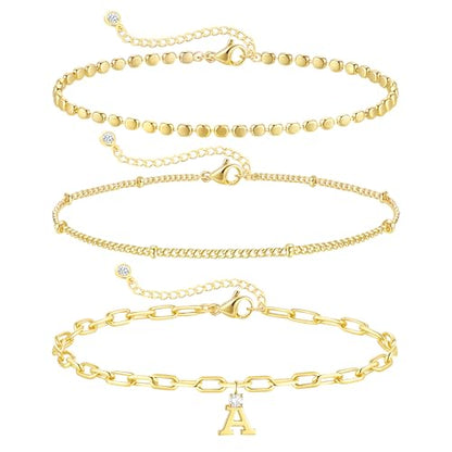 ZHESHY Gold Initial Bracelets for Women Dainty Letter A-Z Charm Bracelets Non Tarnish 14K Gold Plated Stackable Layered Paperclip Link Chain Bracelets Stack Set Personalized Gifts Womens Jewelry - color: Gold A