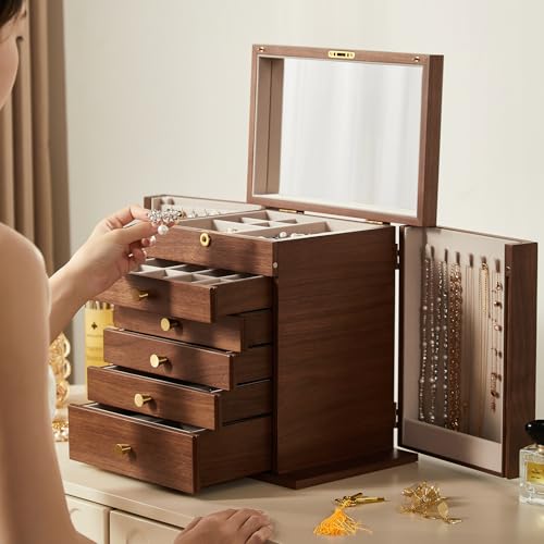 CHOSIN Black Walnut Wooden Jewelry Box for Women with Lock, Mirror, 6 Layer | Lockable wity Key, 5 Drawers, 2 Side Doors, Large Storage for Necklaces, Earrings, Rings, Watches, Brooches, Women Gifts - size: 6 Layer - Full Lock