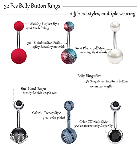 24-50Pcs 14G Stainless Steel Belly Button Rings for Women CZ Screw Navel Bars Body Piercing Jewelry - color: D: 32pcs