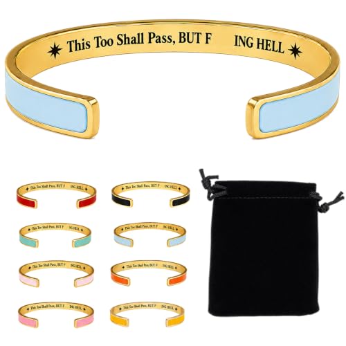 This Too Shall Pass Mantra Cuff Bracelet, BUT FUCKING HELL Engarved Hidden Message Code Motivational Bangle Inspirational Jewelry Encouragement Gifts for Women - color: Blue Gold