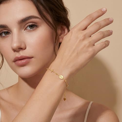 Gold Bracelets for Women 14K Gold Bracelets for Women Beaded Bracelet for Womens Polished Beads Delicate Cross and Petite Virgin Mary Charm Gold Cross Bracelet for Womens