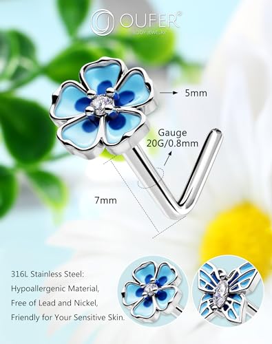OUFER 2PCS Stainless Steel Nose Rings, Moon Star Butterfly Design 20G Nostril Dangle Piercing Jewelry - 7MM - style: Blue Butterfly Butterfly
