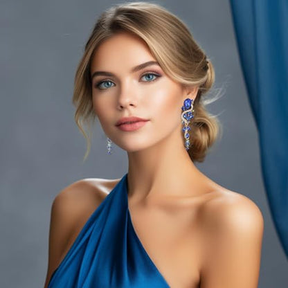 Fashion Rhinestone Statement Drop Dangle Earrings Long Colorful Crystal Bridal Wedding Teardrop Chandelier Earrings for Women Prom Pageant - color: Royal Blue