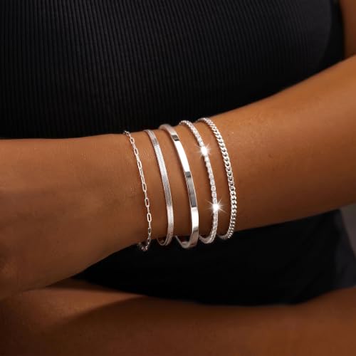 Dainty Gold Bracelet for Women Trendy Non Tarnish, Thin Bracelets Stackable Set with Bangle Cuff, Box, Herringbone, Paperclip, Figaro, Sparkling Link Chains Waterproof, Simple Jewelry Gifts for Women - color: Silver-tennis/cuban/bangle/paperclip/snake