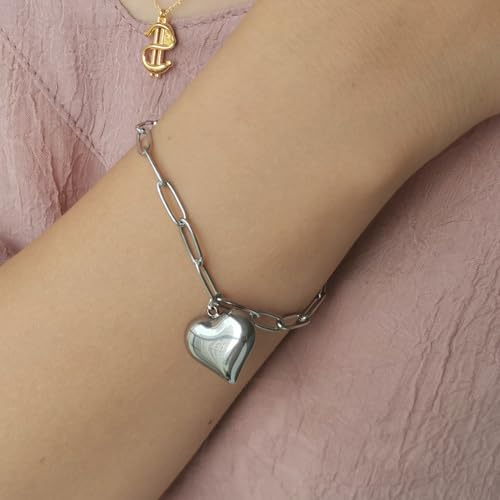 Stainless Steel Puffy Heart Charms Paperclip Chain Bracelet | Paper Clip,for Women,Love - color: Silver Color